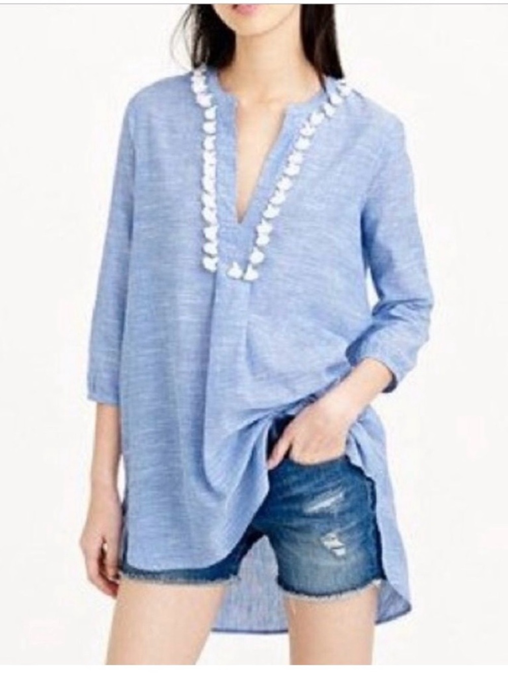 J. Crew Light Blue Pom-Pom Trim Tunic